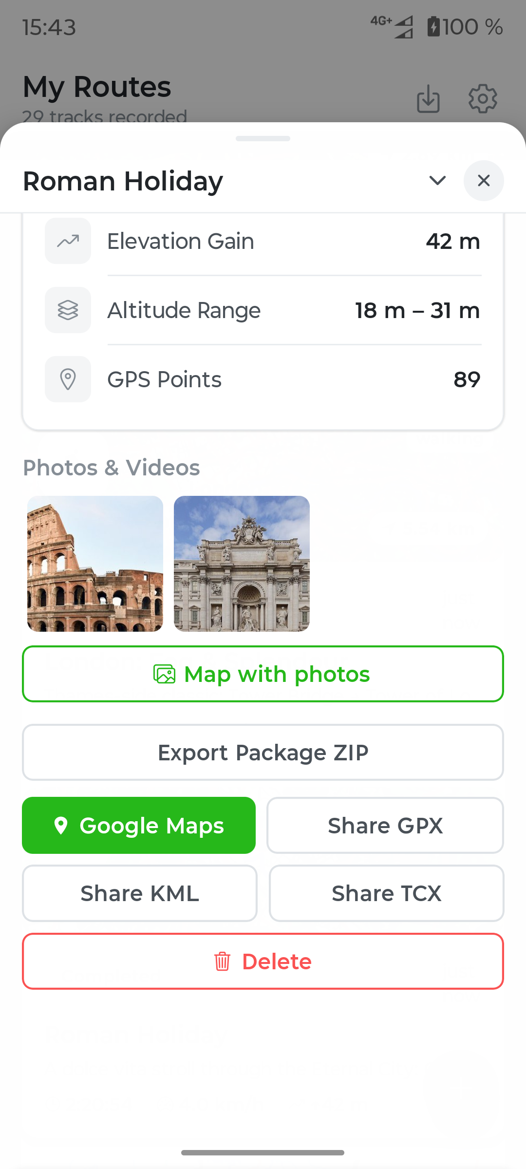 Track detail screen with export actions in Fresca