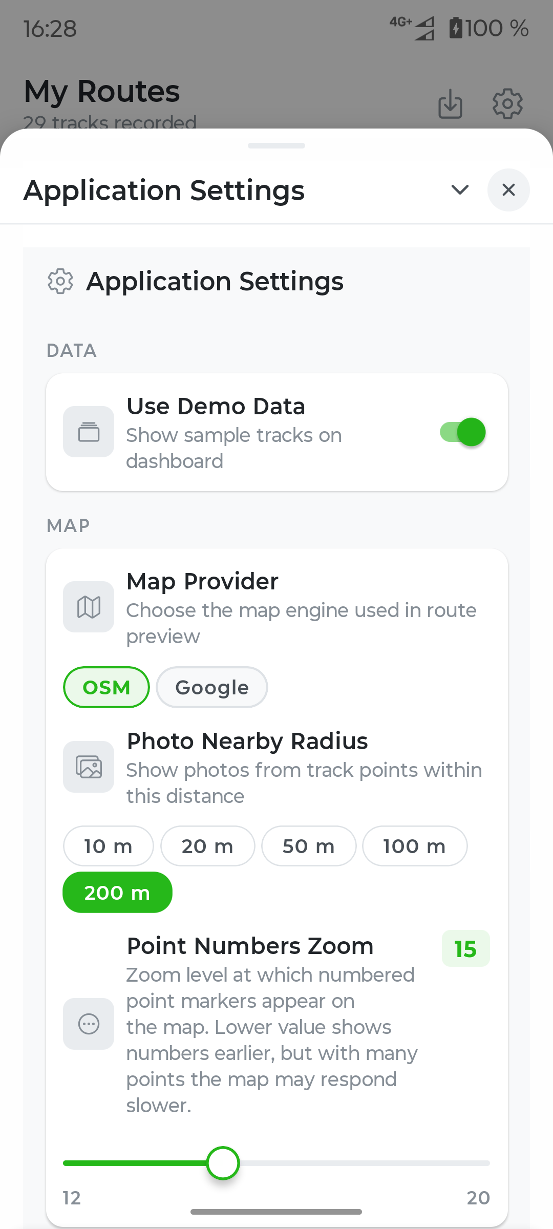 Map settings screen in Fresca