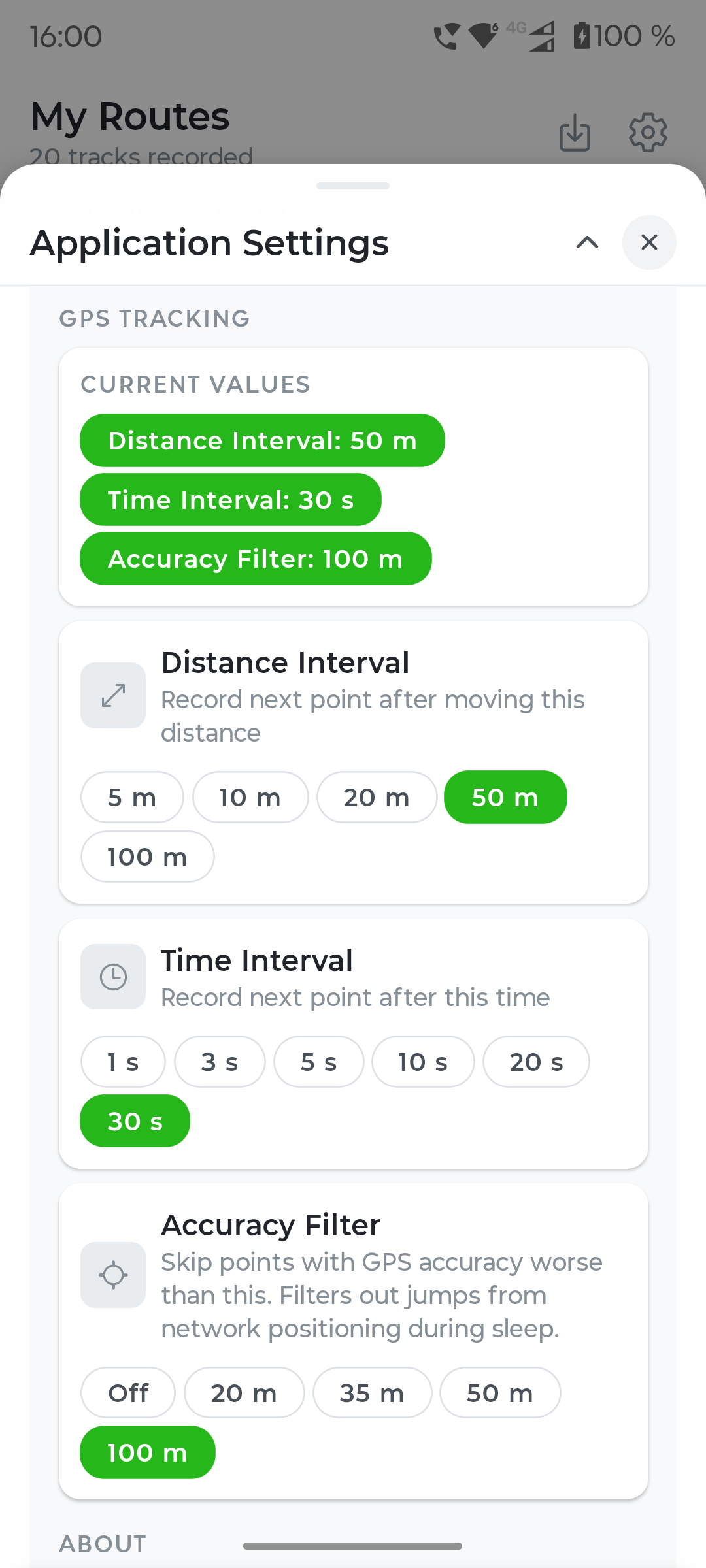 GPS tracking settings screen in Fresca