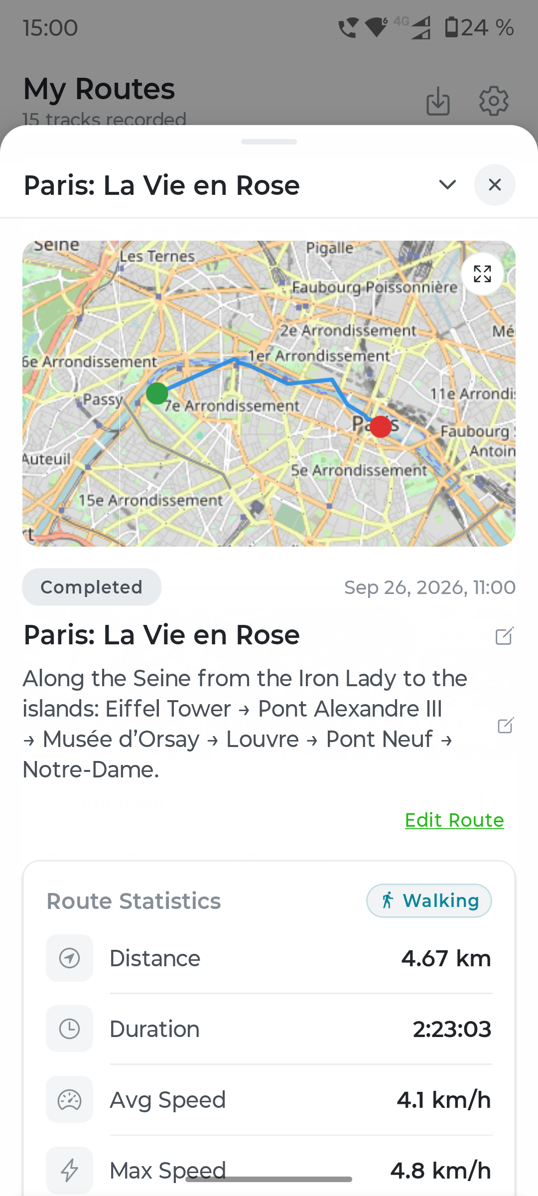 Paris walking route recorded in Fresca