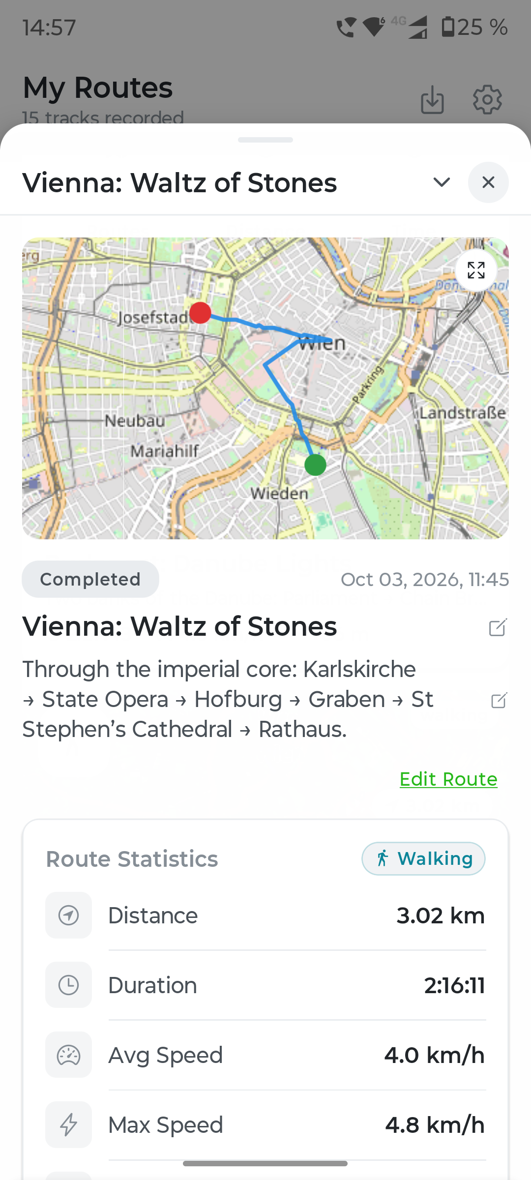 Vienna walking route recorded in Fresca